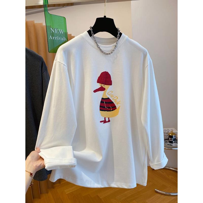 

Белая футболка с мультяшным принтом и длинным рукавом женская 2025 новая свободная базовая XXXL белый