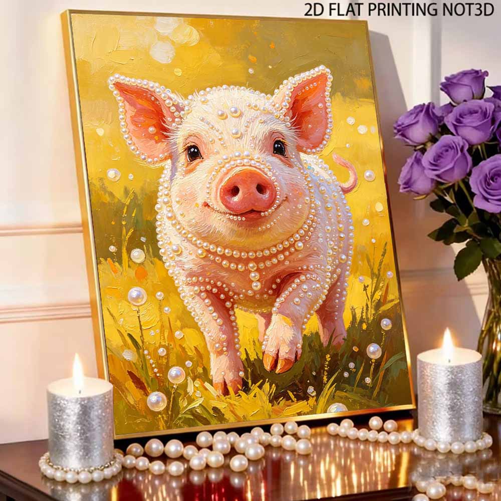 Sparkling Pearl Painting on Stretched Frame Cute Piglet Design DIY Bead Art Canvas Relaxing Hobby Gift for Craft Lovers Art Therapy Project