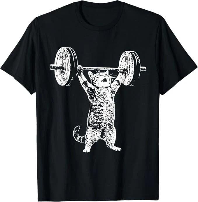 Funny Weightlifting Cat Lifting Barbell Gym Fitness Workout Black T Shirt