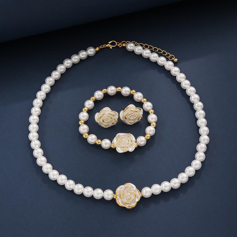 3Pcs Camellia Women'S Party Necklace Bracelet And Earrings Set Elegant Bridal Jewelry Gift