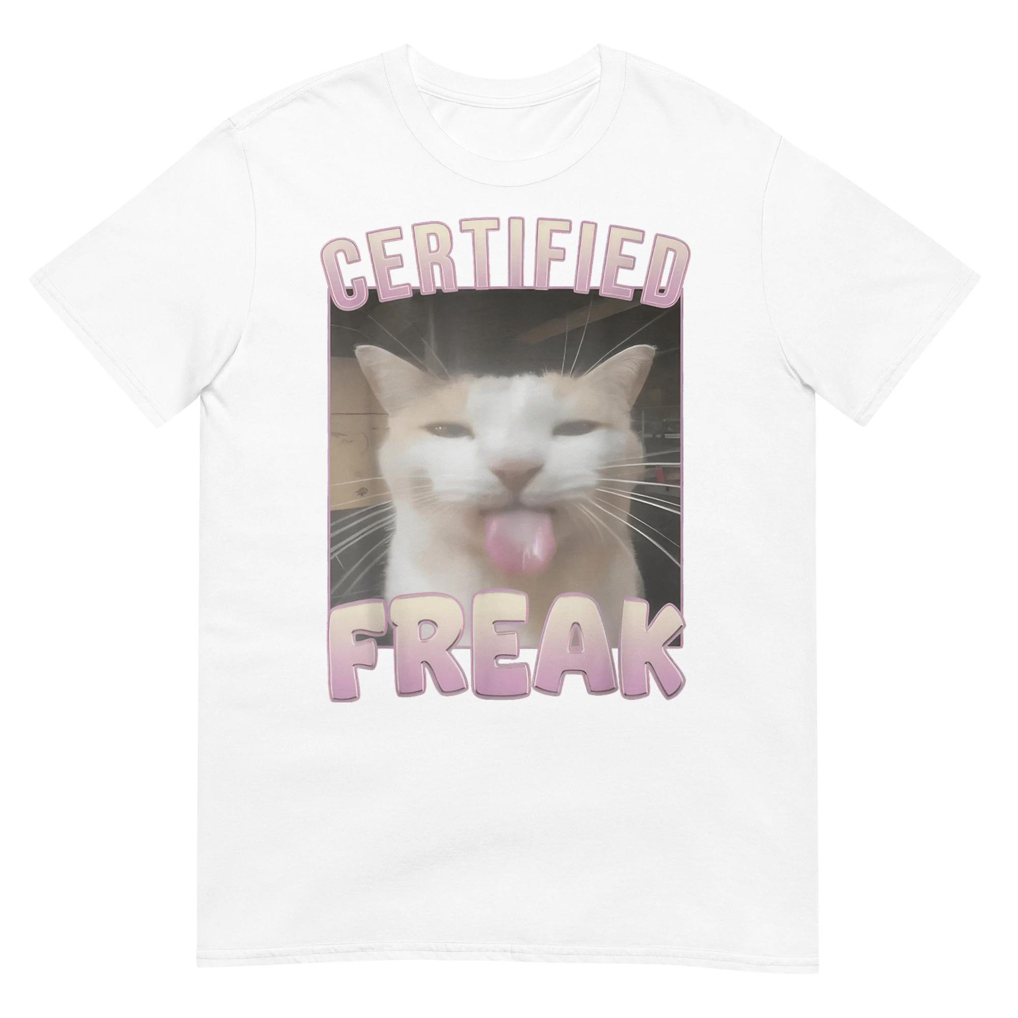 Сертифицированная футболка Freak Funny Cat из хлопка унисекс для мужчин и женщин Opium Merch, модная футболка большого размера с коротким рукавом и принтом букв, S-4xl S белый