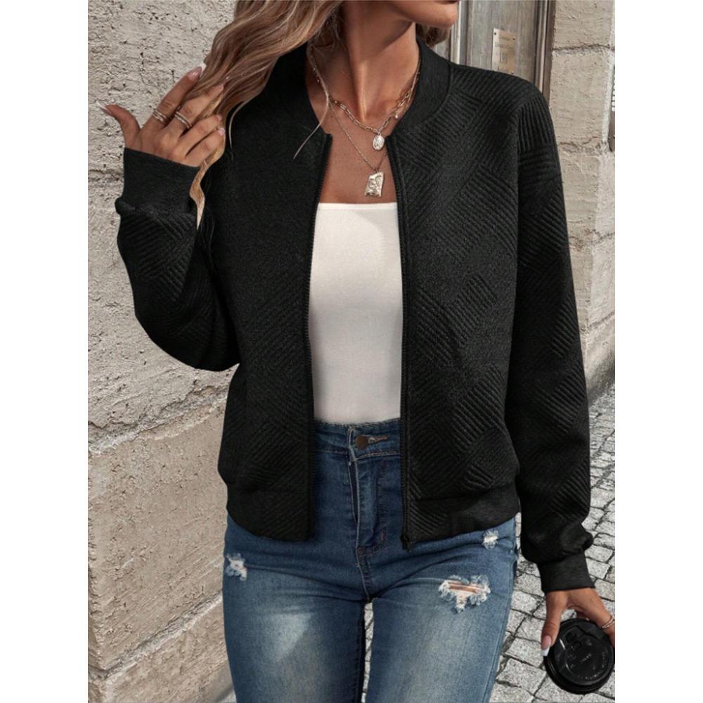 Spring and Autumn Women's New Fashion Checkered Zipper Round Neck Long Sleeve Coat for Women