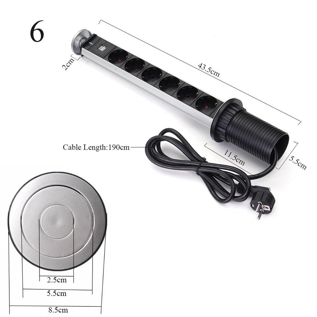 1000mA 220V 3/4/5/6 Power Kitchen Table Pull Up Socket Electrical Desktop Sockets 1 Led+2 charge USB Aluminum Shelf