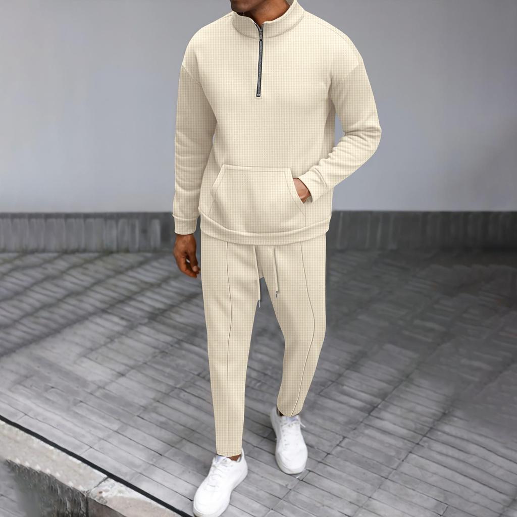 Autumn Waffle Knit High Neck Half-Zip Hoodie & Sweatpants Set
