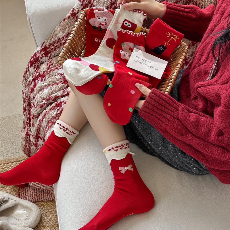 Women's Christmas Red Cartoon Mid-Calf Socks for Autumn and Winter