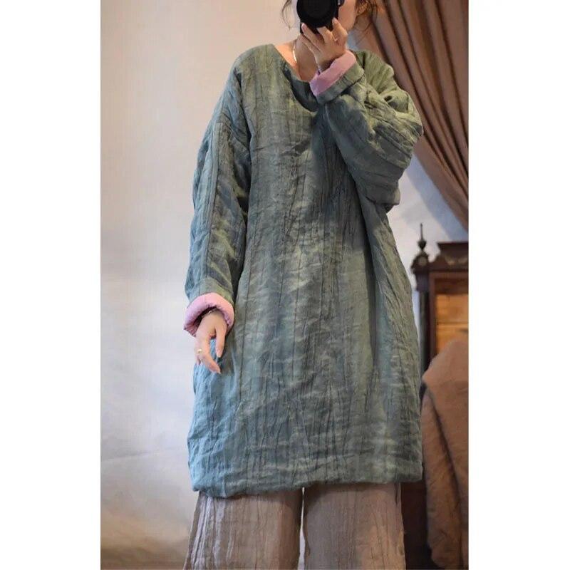 Johnature Povlečení Vintage styl jednobarevné bavlněné oblečení zimní žena s dlouhými rukávy, volné bavlněné oblečení