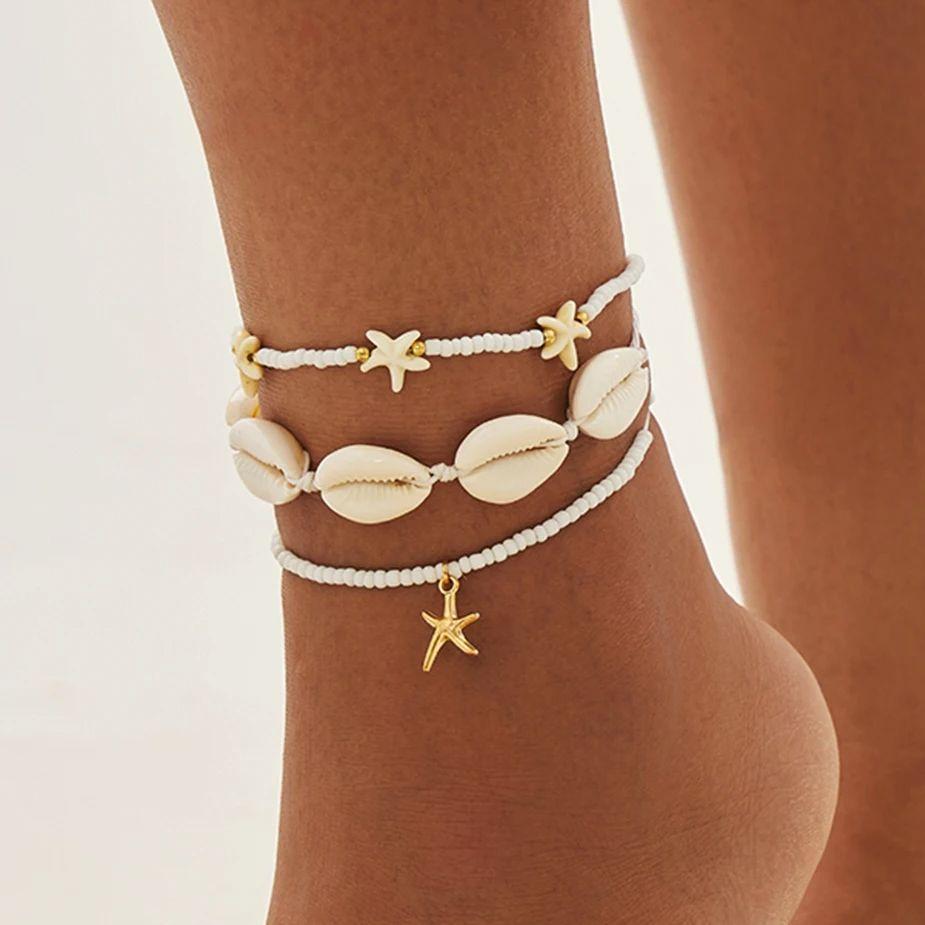 PuRui Bohemia CCB Beads Acrylic 3Pcs/Set Adjustable Anklets for Women Ethnic Summer Ocean Beach Star Conch Pendant Zircon Gift
