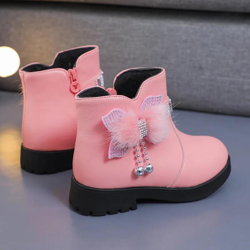 Kids Princess Boots Girls High Top Side Zipper Glitter Rhinestone Winter Boots Children Soft Bottom Anti-skid PU Leather Shoes