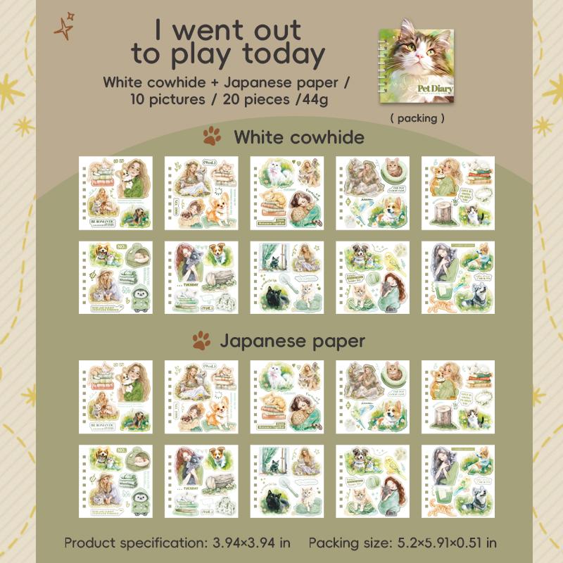 

20 Sheets Cute Pets Cat Dog Theme Coil Sticker Book DIY Scrapbook Journal Laptop Phone Case Decoration For Kids Girls Teens