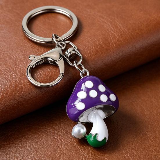 Zinc Alloy Keychain Pendant, Dripping Process Key Ring with Imitation Pearl Cartoon Mushroom Shape, Multiple Colors Bag Charm