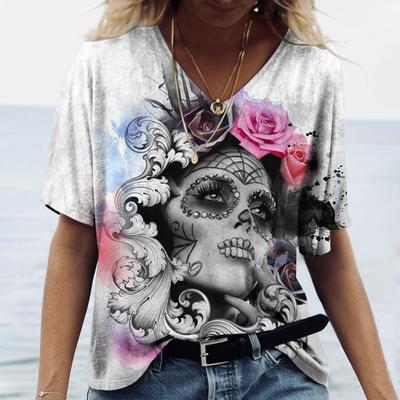 2023 crânio camiseta feminina moda manga curta blusa nova casual topo t senhoras menina roupas com decote em v t camisa para mulher