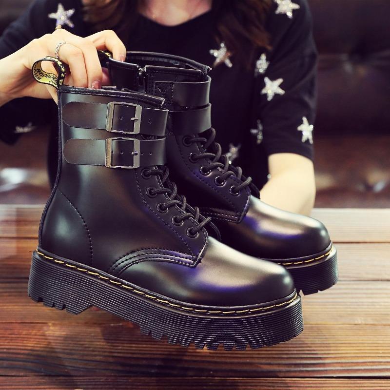 Botas Martin de Suela Gruesa con Doble Hebilla Cremallera Lateral Hebilla Botines Cortos para Mujer Botas de Trabajo con Cordones Suela de Muffin