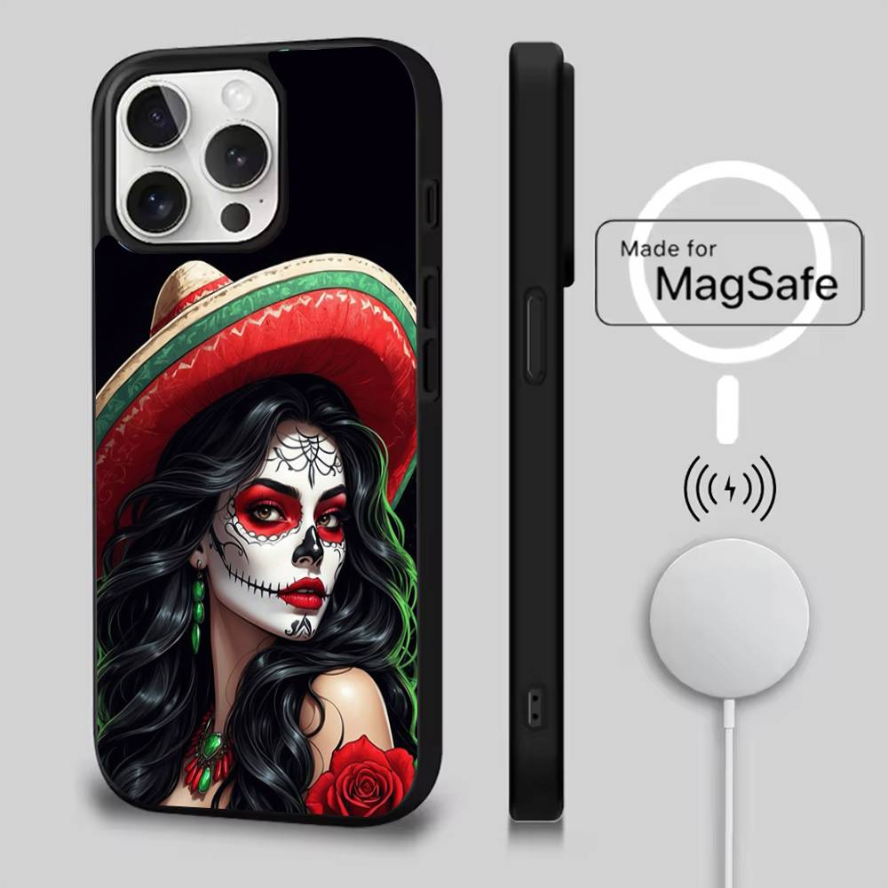 Mexican Catrina Skull Phone Case For iPhone 17,16,15,14,13,12,11,Pro,Max,Plus,Mini,Air,SE New Magsafe Magnetic Wireless Charging
