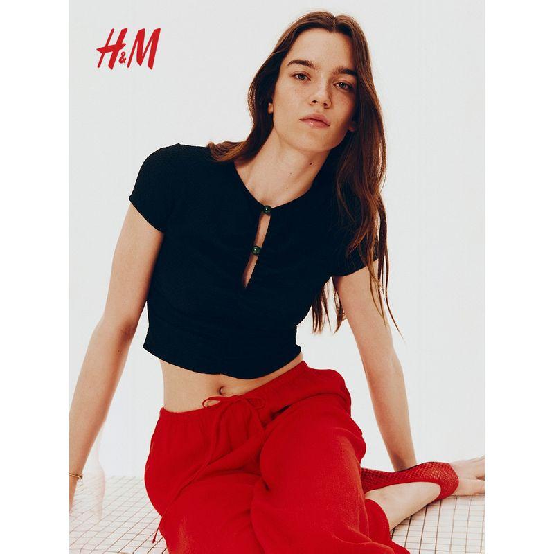 

HM Women clothes Casual Pants 2025 Summer New Drawstring Loose Straight Linen Blend Casual Trousers 1261667 Bright Red 150/60(XXS)
