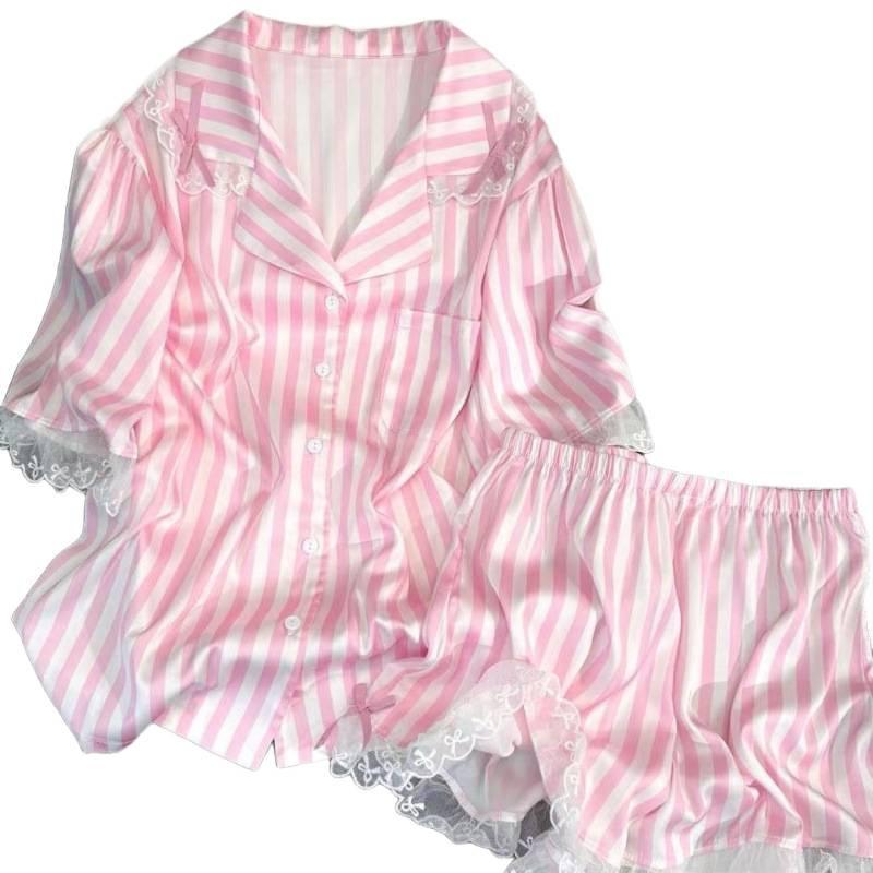 1011 pajamas women's spring summer thin lapel sweet new short-sleeved shorts striped lace sweet wind loungewear