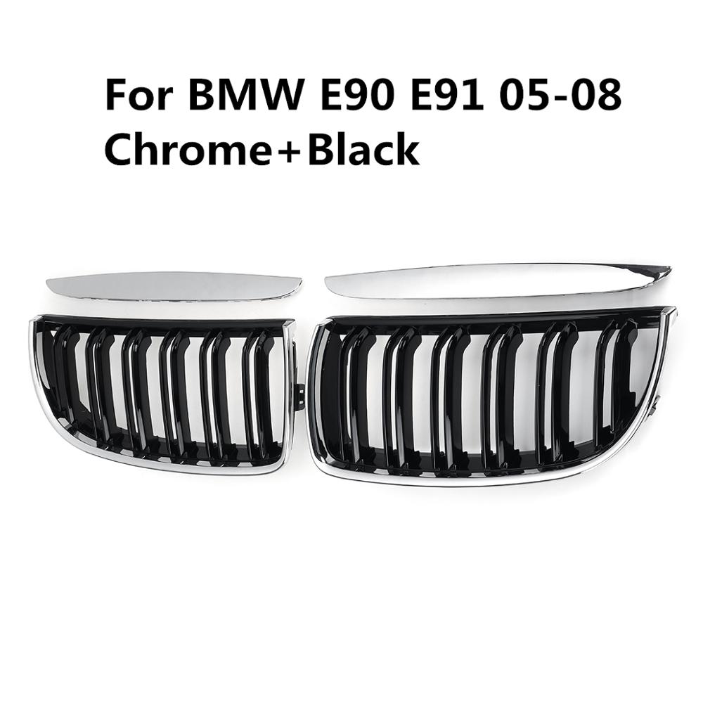 For BMW E90 E91 4 Door 2005 2006 2007 2008 #GCP-039011 Pair Front Gloss Black Double Slat Sport Kidney Grille Grill Set