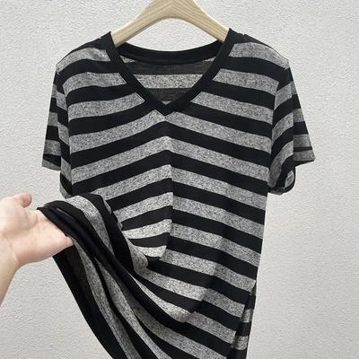 Women's Summer V-neck Thin Section Loose Striped T-shirt Medium-length Short-sleeved Casual Bottoming Tops