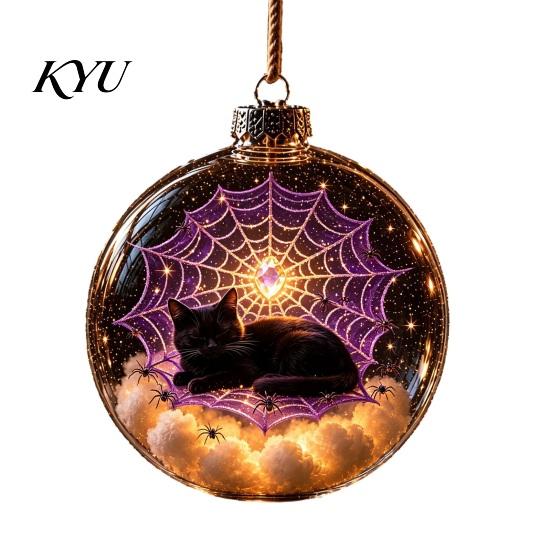 Halloween Ornament for Front Door Ball Ornament, Light Up Plastic Clear Hanging Spooky Home Decor Living Room Decoration with Cat/Skeleton/Bat Inside