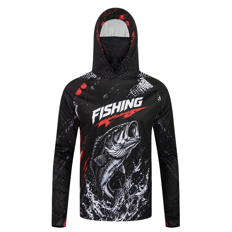 Men's Outdoor Fishing Hoodie UPF 50+ Long Sleeve Breathable Athletic Shirt with Bass Fish Graphic for Hiking Running Boating