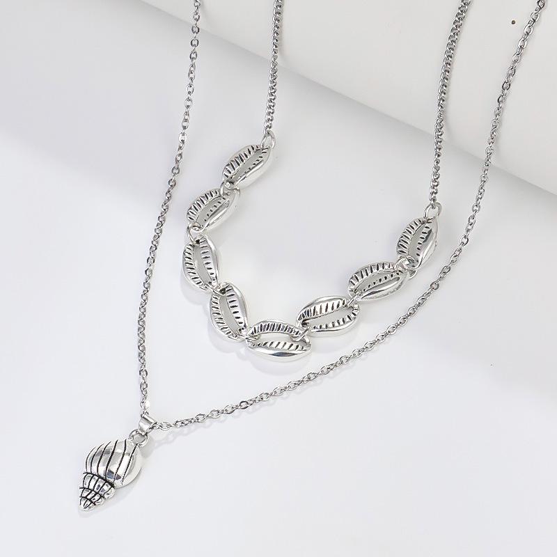 Layered Double-Layer Necklace: Summer Vacation Style with Shell, Starfish, and Conch Pendants