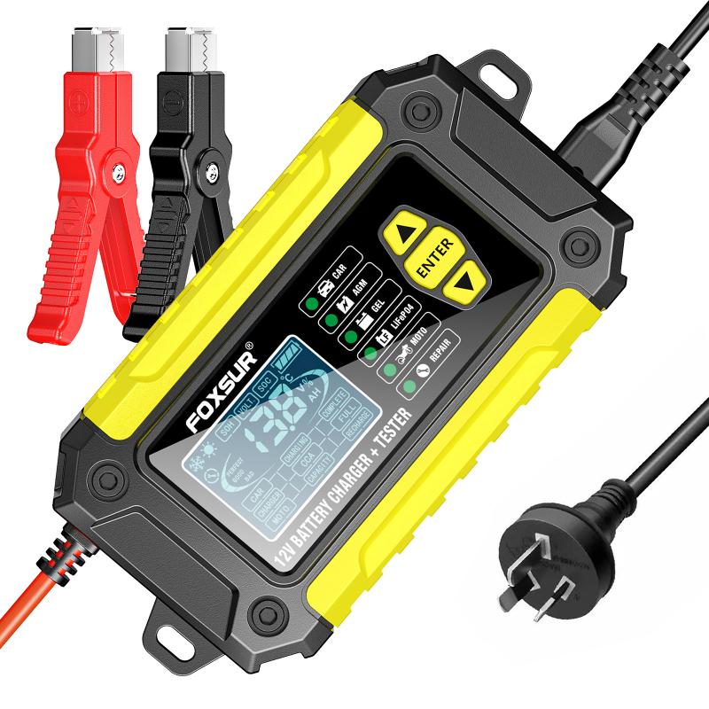 

FOXSUR 12 В 6-амперное зарядное устройство/тестер для аккумулятора мотоцикла, зарядное устройство/тестер для проверки работоспособности и ремонта автомобильного аккумулятора