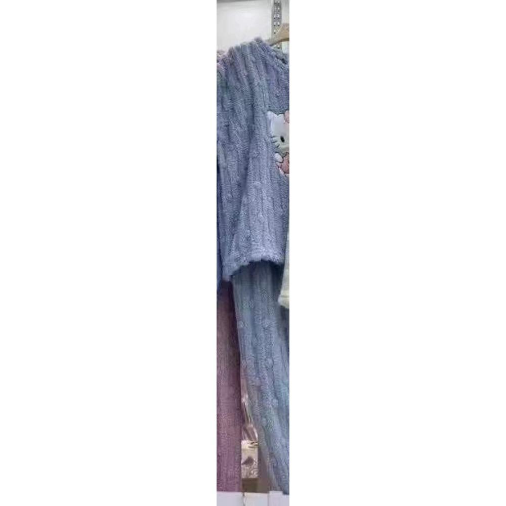 **Kadın Flanel Pijama Takımı Yuvarlak Yaka Jakarlı Uzun Peluş Kalın Sıcak Ev Giyimi**