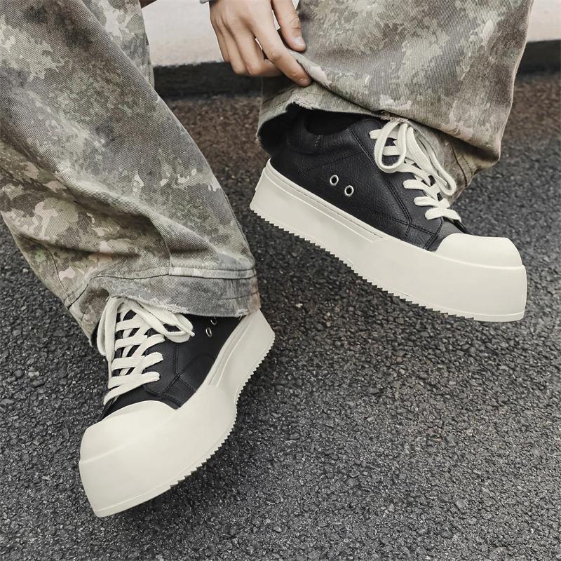 Fashion Men Casual Outdoor Antiskid Thick Bottom Sneakers Fashion Round Toe Lace-Up Tenis Masculino Shoe Genuine Leather Comfy Flat Shoe