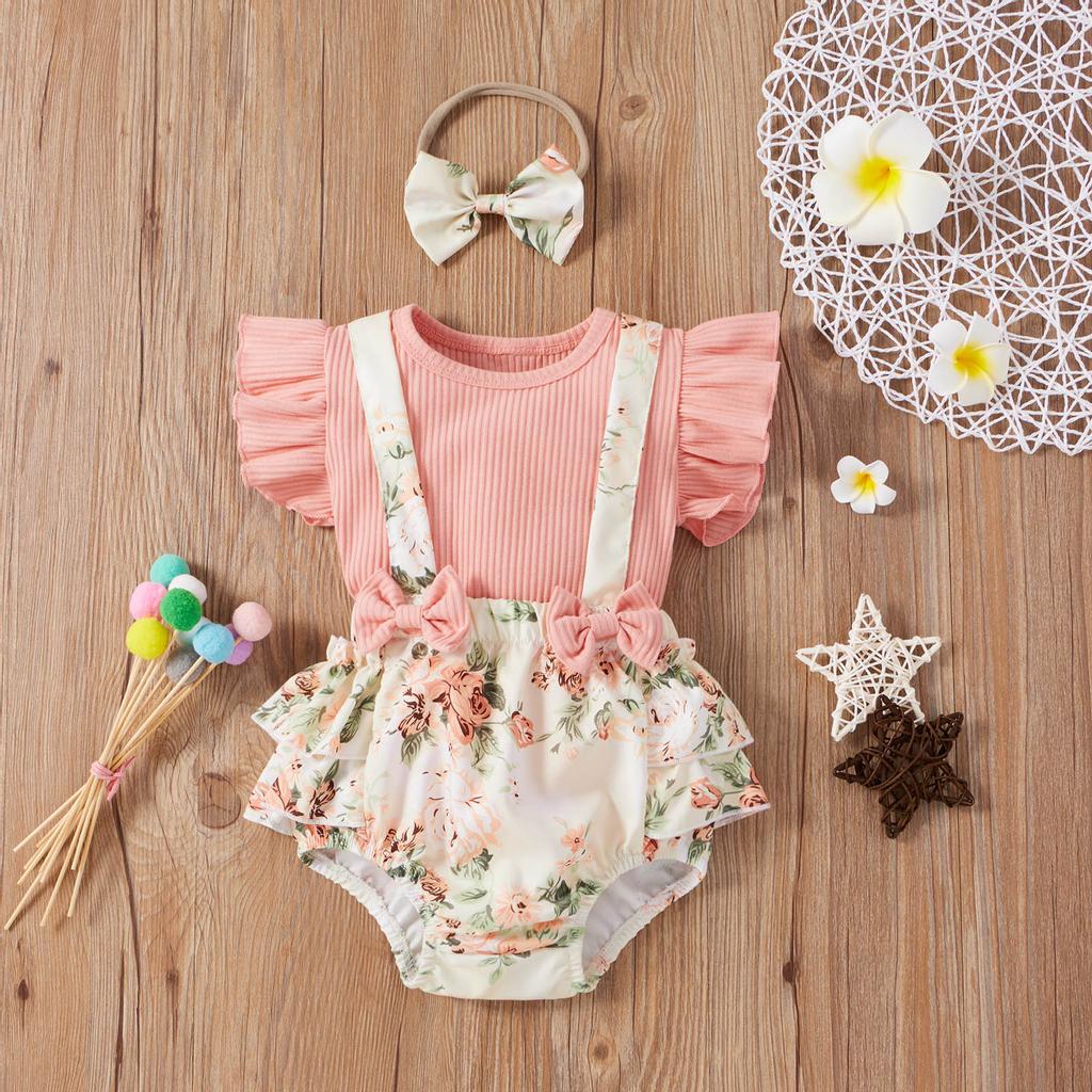 Toddler Baby Girls Solid Tops+Sunflower Floral Printed Suspender Shorts Outfits