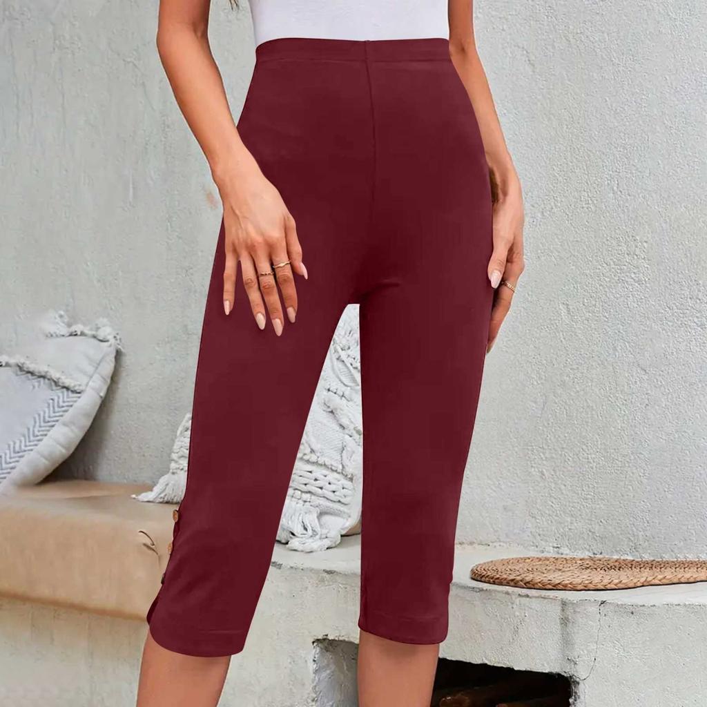 Women's Mid Rise Capri Leggings Loose Fit Button Split Casual Cropped Pants Summer Stretch Daily Bottoms