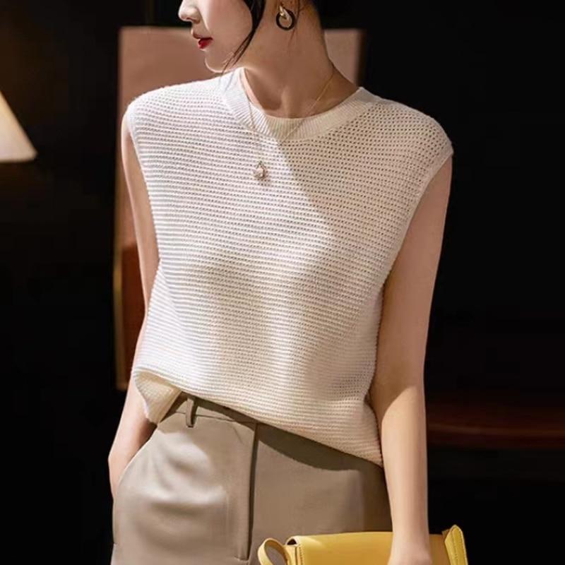 

Модная полая трикотажная рубашка без рукавов, женская летняя однотонная повседневная майка с круглым вырезом, элегантная свободная женская блузка во французском стиле 26914 XL белый