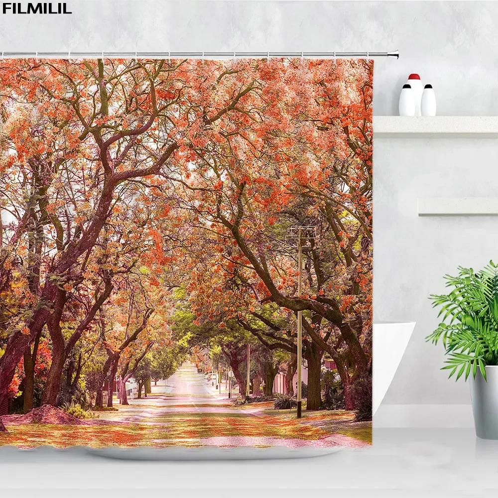 

Blooming Pink Gray Forest Flowers Shower Curtain Cherry Blossoms Park Spring Floral Trees Road Landscape Scenic Bathroom Decor W60H190(CM)-1 Pcs