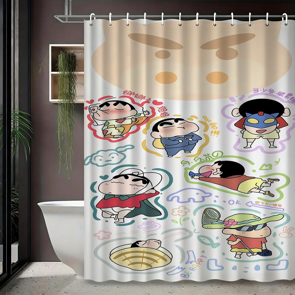 Crayon Shin-Chan & Shiro Best Friend Flying Scene 2D Print Waterproof Shower Curtain, Sweet Pink With Clouds & Daisies Bathroom