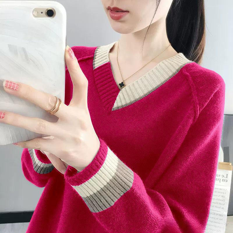 Women's V Neck Sweater Spring Fall Pullover Knit Jumper Outerwear Loose Knit Sweater Top