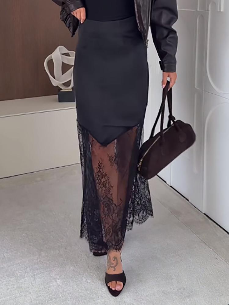 Women Satin Lace Long Skirt Elegant High Street Patchwork Sexy Loose Maxi Skirts Party Fashion Party Vestidos For Women