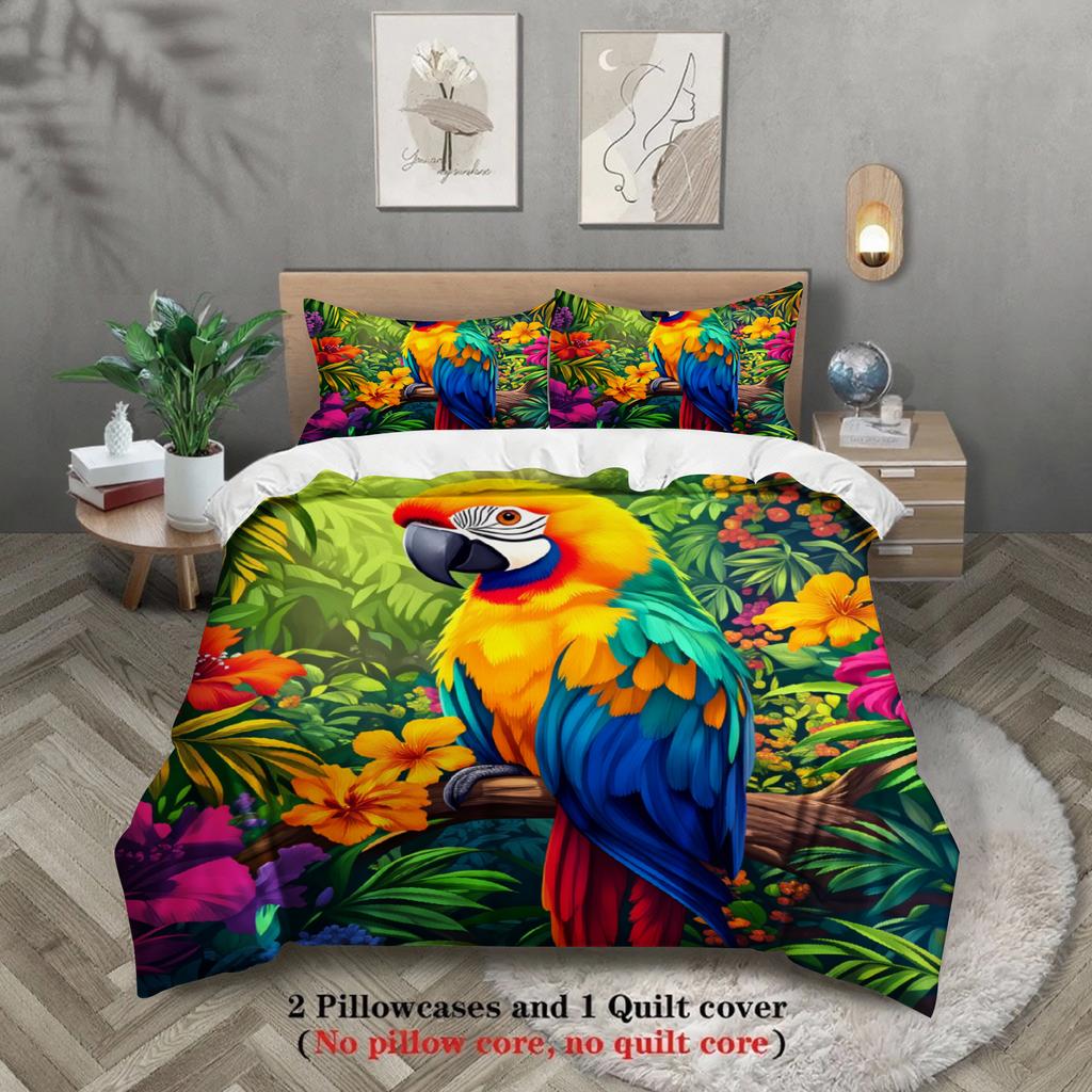 3Pcs Multicolor Duvet Cover With 2 Pillowcases 3D Printed Parrot Floral Gifts For Teen Adult Home Decor Single Size Bedding Sets