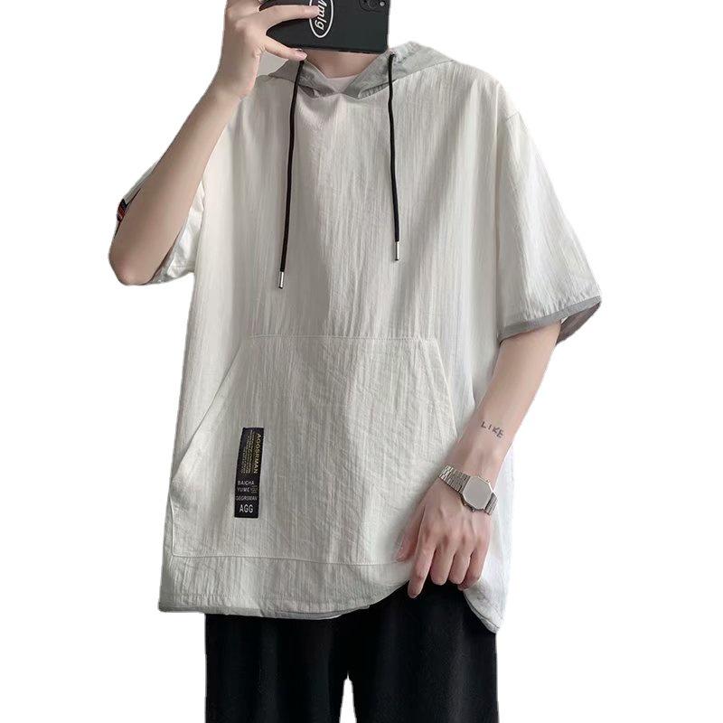 Men's Hooded Ice Silk Contrast Color Two-Piece Short Sleeve T-Shirt, Hong Kong Style, Loose Summer Trend.