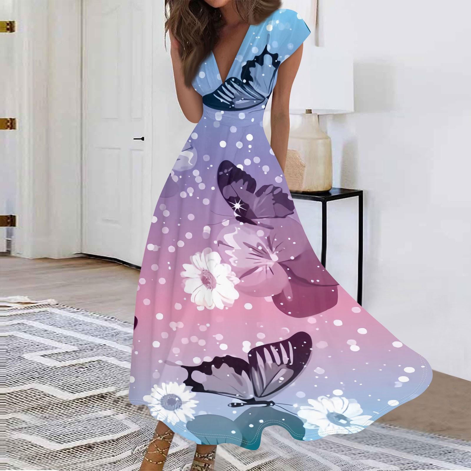 

Женские модные повседневные плиссированные платья с v-образным вырезом и рюшами, короткими рукавами и бабочкой с цветочным принтом XL