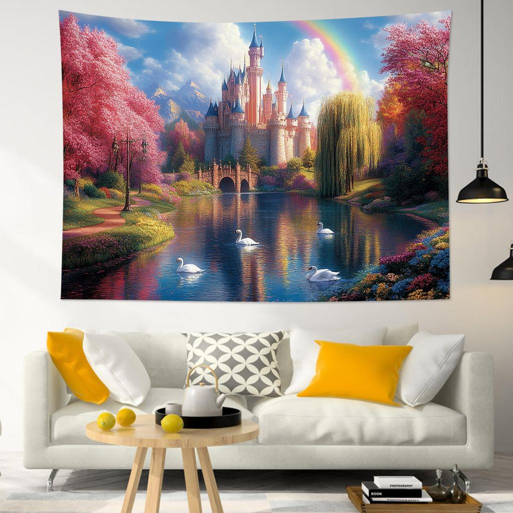 Castle Tapestry Trees And River In Fantasy Forest Wall Hanging Fairy Tale Tapestries For Kids Bedroom Living Room Dorm Party
