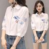 Women Cotton White Short Sleeve Shirt Summer Embroidery Floral Bird Ethnic Style Casual Top