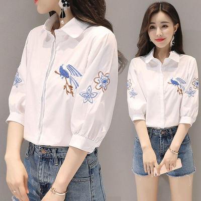 Women Cotton White Short Sleeve Shirt Summer Embroidery Floral Bird Ethnic Style Casual Top