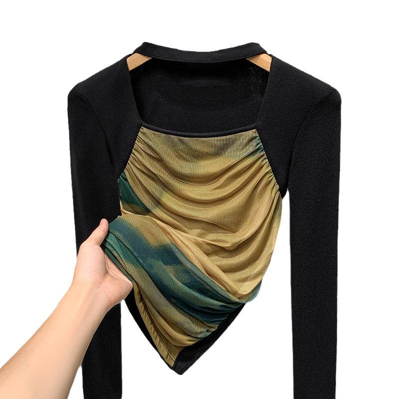 Mesh Base Top for Women Latest Womens Classic Style Square Collar Tie-dyed Long-sleeved T-shirt Stretch-in-line Top