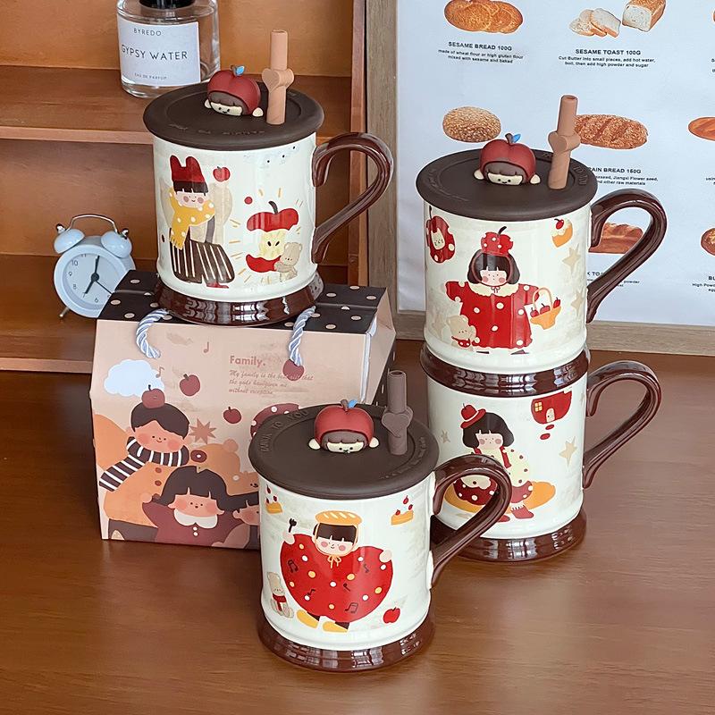 Retro Family Four-mouth Water Cup Cute Couple Ceramic Mug with Lid Home Coffee Cup Girl Birthday Gift