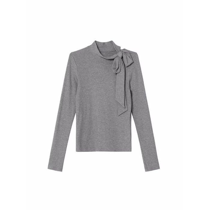 Korean Faux Two-Piece Grey Bow Polka Dot Dress, Waist-Cinched A-Line Skirt for Autumn M