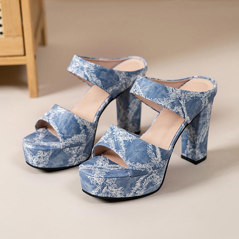 Slippers for Women 2026 New Outward Wear Summer French Block Heel One-word Platform Temperament Denim High Heels