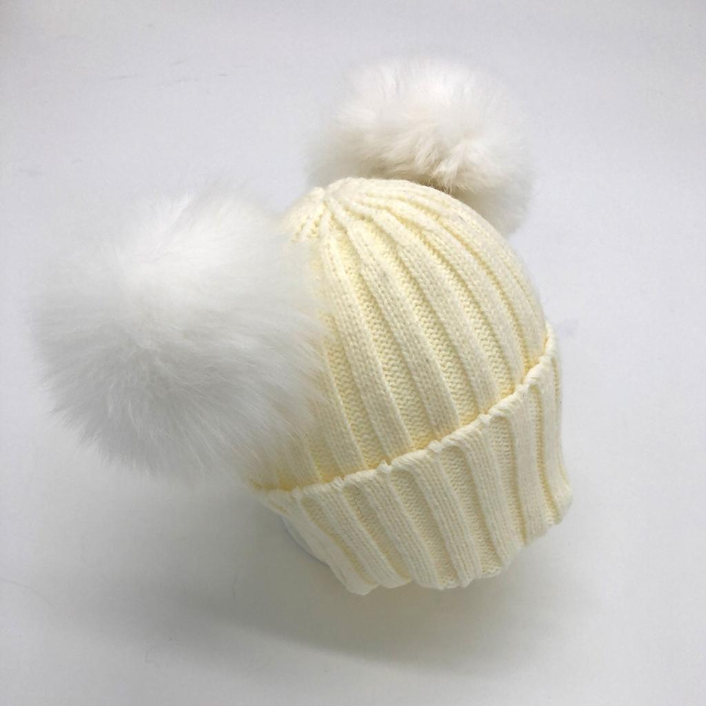 Custom Labels Double Pom Pom Baby Toddler Children Winter Beanie Knitted Hats With Fur Pompom