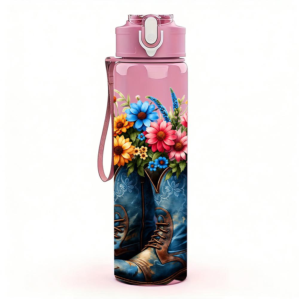 1PC Cowboy Boot Wildflower Bouquet 750ml Color Plastic Sports Water Bottle Leakproof Flip Straw Lid Suitable for Sports Office Home Use
