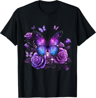 Galaxy Butterfly Purple Roses Graphic Tee Soft Cotton Short Sleeve Casual T-Shirt Trip Gift