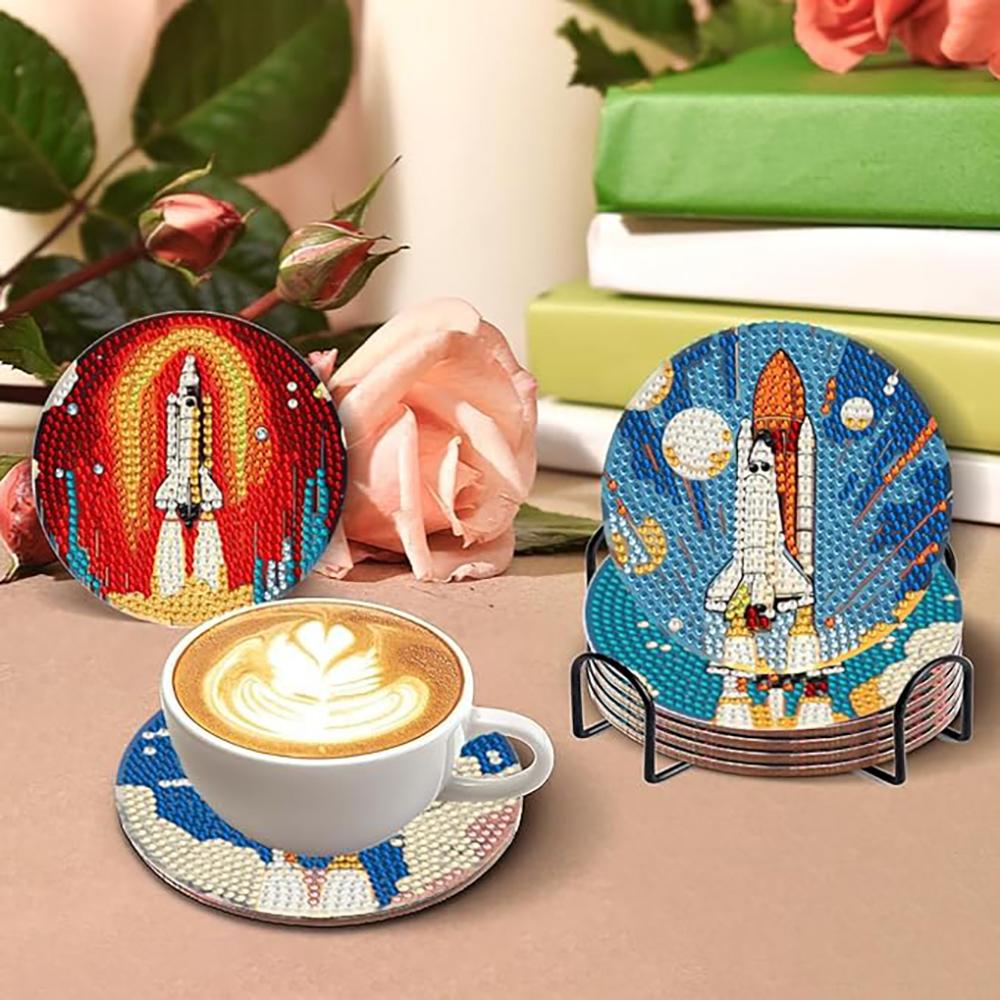 8 Pieces/set of Diamond Painted Rocket Patterned Coasters with Brackets DIY Coasters for Beginners and Adults, Art and Craft Supplies Gifts