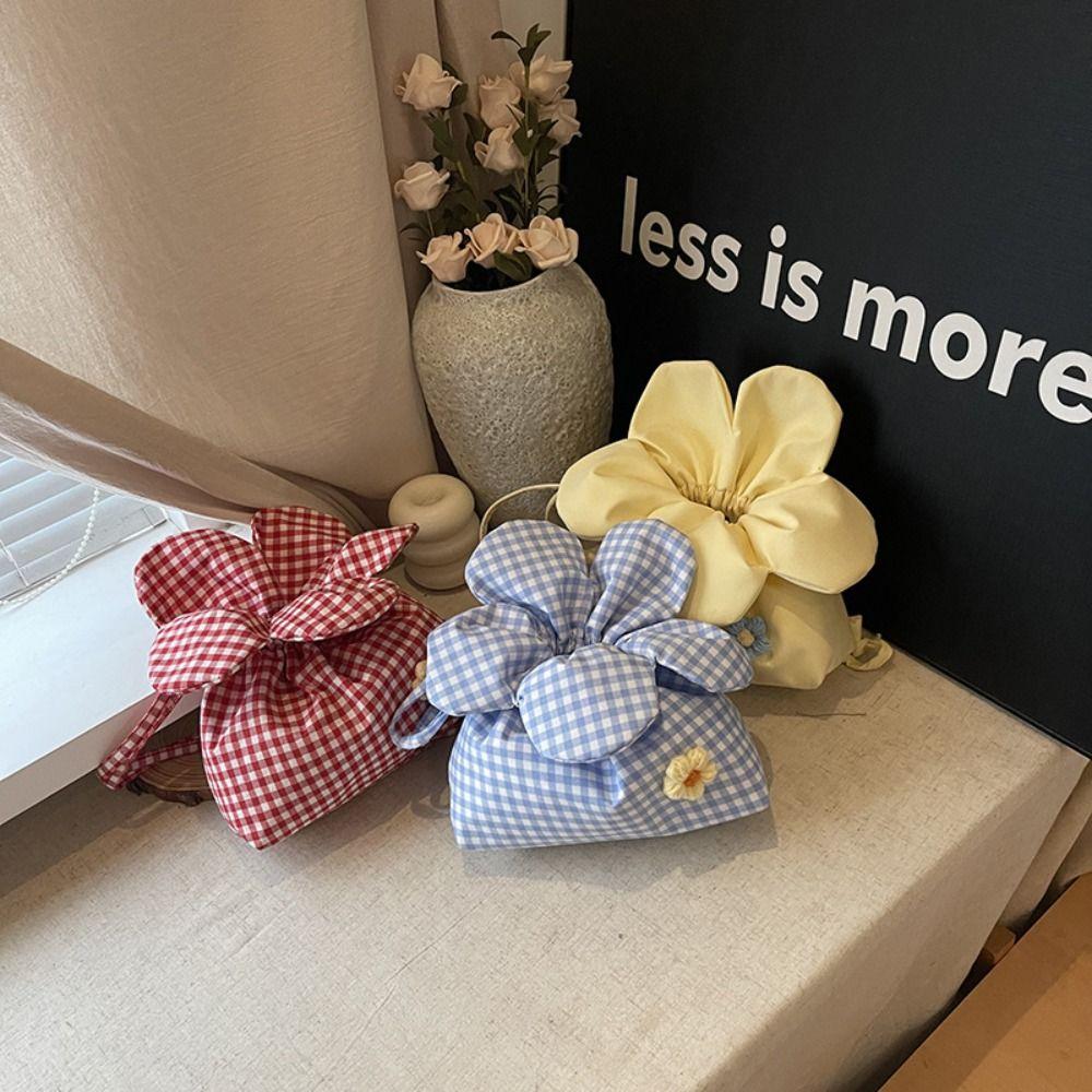 Korean Style Plaid Drawstring Bag Cute Shoulder Bags Casual Flower Handbag  Women