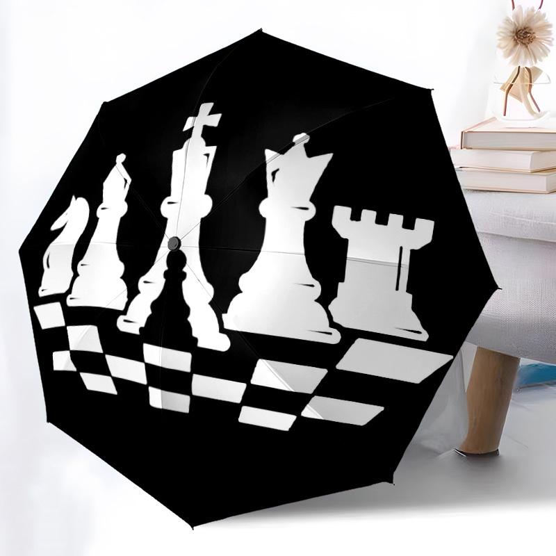 1pc Chess Pieces Automatic Open/Close Umbrella with One-Touch Button, Compact Folding Canopy, Sturdy 8-Rib Windproof Design S32